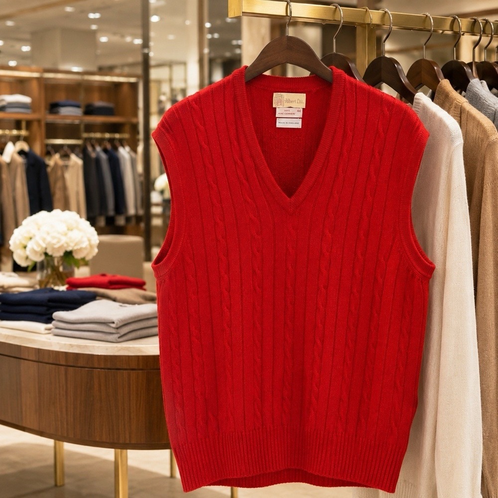 Vintage Albert Ltd. 100% Cashmere Red Cableknit Sweater Best Luxury Holiday 44‎